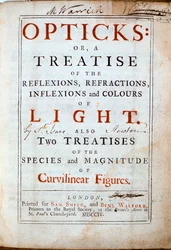Strona tytułowa Opticks autorstwa angielskiego naukowca i matematyka Izaaka Newtona, 1794