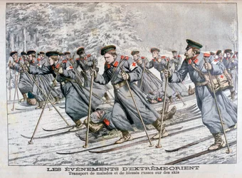 Transport na nartach chorych i rannych wojsk rosyjskich, wojna rosyjsko-japońska, 1904