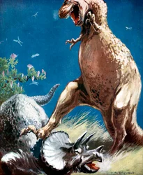 Triceratops, rogaty dinozaur, trzymany przez tyranozaura, ok. 1920 r.