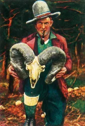 Łowca trofeów trzymający czaszkę owcy rasy Bighorn, ok. 1928 r.