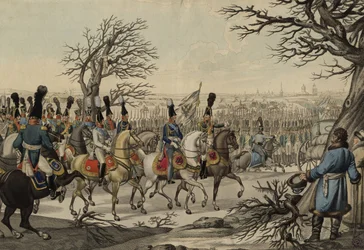 Car Aleksander I i król Fryderyk Wilhelm III przed wojskami, ok. 1813