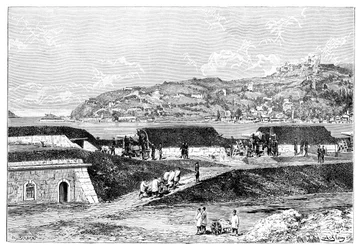 Tureckie baterie i wejście do Bosforu nad Morzem Czarnym, Turcja, 1895