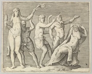 Dwie postacie, faun i satyr zbliżają się do leżącej kobiety 1599-1622.