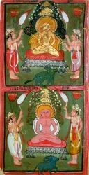 Dwóch Jain Tirthankaras lub wytwórcy brodu jina i ich wielbiciele, region Bundi, Indie, ok. 1720 r.