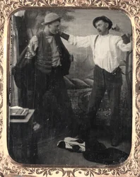 Dwóch mężczyzn inscenizujących bójkę w studiu, c. 1860.