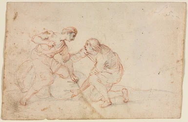 Dwóch mężczyzn wiążących tobołek, 1600s.
