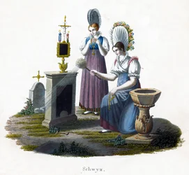 Dwie kobiety stojące przed nagrobkiem na cmentarzu, ok. 1800