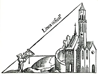 Obliczenie wysokości wieży metodą triangulacji za pomocą ćwiartki z pionem, 1551