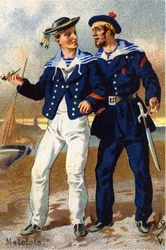 V: Marynarze. Grawerowanie w "Alfabecie wojskowym". Inicjały ilustratora: A. D. Wydawca nieznany. Chromolitografie z końca XIX wieku. Wymiary: 10,5x7cm .