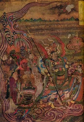 Vaishravana podróżująca przez fale, z Jaskiń Tysiąca Buddów, ok. 900