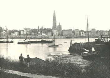 Widok przez rzekę do katedry, Antwerpia, Belgia, 1895.