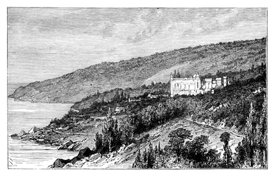 Widok na Krymie: Pałac Woronzów, Ałupka, Ukraina, ok. 1888 r.