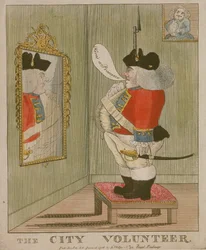 Widok korpulentnego wolontariusza City podziwiającego się w lustrze, 1785