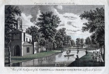 Widok na tylną część rzeki Cassina i Serpentine w Chiswick Gardens, Londyn