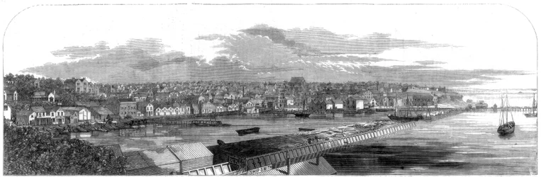 Widok miasta Auckland w Nowej Zelandii z nowym nasypem handlowym, 1860