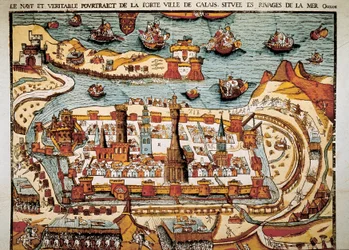 Widok miasta Calais w 1538 roku. Ksylografia.