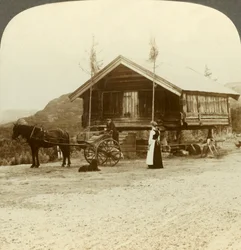 Oczekiwanie na pasażerów na drodze w pobliżu Bolkesjo w Norwegii, ok. 1905.