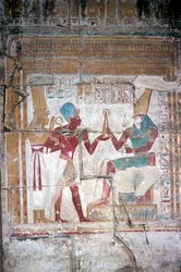 Malowidło ścienne przedstawiające Setosa I przed Horusem, Świątynia Setosa I, Abydos, Egipt, XIX dynastia, ok. 1280 r. p.n.e.