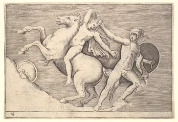 Wojownik wyrywający jeźdźca z konia, z Ex Antiquis Camorum et Ge..., ok. 201 1599-1622.