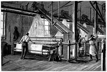Przędzalnia wyposażona w krosna mechaniczne żakardowe, c1880