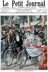 Wesele na rowerach prowadzone przez pannę młodą i pana młodego, Nicea, Francja, 1909