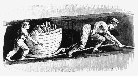 Kobieta i chłopiec rysujący korkociąg zawierający 3-4 ct węgla, Bolton, Lancashire, 1848