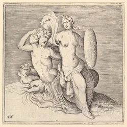 "Kobieta z tarczą siedząca na Seamonster", wydana ca. 1599-1622.