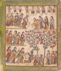 Yashoda wiąże ręce Kryszny: Strona z rozproszonego rękopisu Bhagavata Purana, 1640-50.