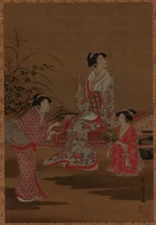 Młoda kobieta z dwiema służącymi, siedząca w ogrodzie, okres Edo, 1615-1868.