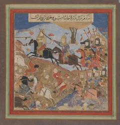 Zal zabija Khazarvana i zmusza Szamasa do ucieczki, Folio od Szahnamy..., ca. 1430-40.