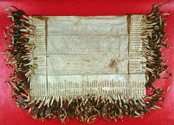 Średniowieczny list protestacyjny szlachty czeskiej sprzeciwiający się potraktowaniu Jana Hussa przez Sobór w Konstancji (ok. 1369-1415), 1415-16 (tusz na pergaminie)