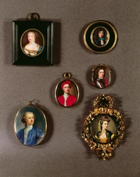 Miniatury z LtoR, TtoB: Frances Teresa Stuart, księżna Richmond i Lennox (szczegóły patrz 97685) autorstwa Jean Petitot (1607-91); Autoportret Jeana Petitota (1607-1691); Charles Fitzroy, 2. książę