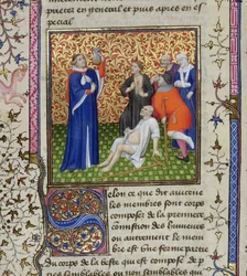 Ms.251 f.54v Lekarz ze swoimi pacjentami, z Des Proprietez des Choses, c.1415