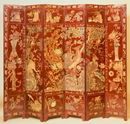 Scena pasterska, (czerwona lakowa parawan ze złoconymi chinoiserie)