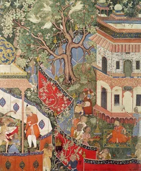 Rustam odkrywa dziewczynę, która zdradziła jego miłość Mihr Afruzowi, z "Hamzanamy" (Księgi Hamzy) z Indii lub Pakistanu, ok. 1562-77 (nieprzezroczysty wc na bawełnie)