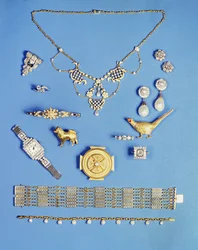 Wybór biżuterii: perła i złota zawieszka; Diamentowa broszka w stylu art deco; kolczyki z pereł; Złota broszka w stylu celtyckim; Edwardiańska bransoletka łańcuszkowa; broszka z bażanta; pół perłowa złota bransoletka na zawiasach
