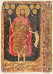 Św. Jan Chrzciciel ze złotymi florenami, z okładki Konstytucji i Statutów Cechu Monetników, ok. 1380