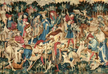 Gobeliny myśliwskie z Devonshire, polowanie na dzika i niedźwiedzia, prawdopodobnie Arras, 1425-50