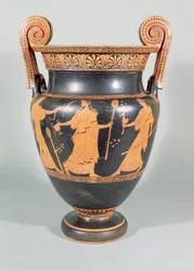 Krater wolutowy, scena dionizyjska ukazująca rytualne rozczłonkowanie dzikiego zwierzęcia, strych, 450-425 p.n.e.