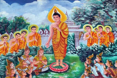 20151029, Vientiane, Laos: świątynia buddyjska Wat Inpeng. Obraz przedstawiający historię życia Buddy Siakjamuniego