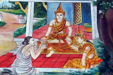 20151029, Vientiane, Laos: świątynia buddyjska Wat Inpeng. Opowieści Jataki to narracje o poprzednich żywotach Buddy (to znaczy, zanim urodził się po raz ostatni, aby stać się Buddą)