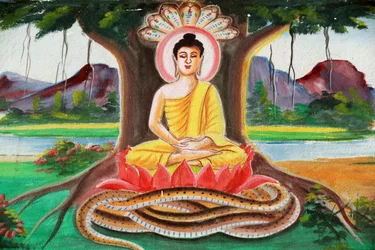 20151102, Vang Vieng, Laos : Obraz przedstawiający historię życia Buddy Siakjamuniego. Budda siedzący w pozie medytacyjnej pod drzewem Bodhi