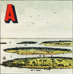O: Archipelag. Jest to grupa wysp zjednoczonych na tym samym morzu - Rycina wydobyta z Alfabetu Geograficznego. Guerin-Muller et Cie, wydawnictwa, Paryż