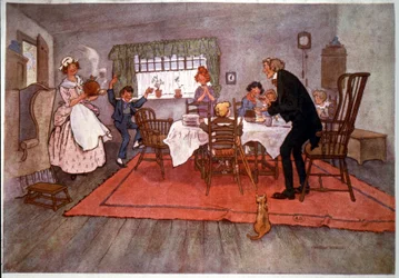 Świąteczny obiad w Anglii, ilustracja Willa Owena, koniec XIX wieku