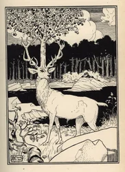 Wiśnia na głowie jelenia dotknięta kamieniami włóczni z wiśni Baron de Munchausen Ilustracja autorstwa Williama Stranga (1859-1921) i JB Clarka zaczerpnięta z „Przygód barona z Munchausen (Munchhausen)” Rudolfa Ericha Raspe (1736-