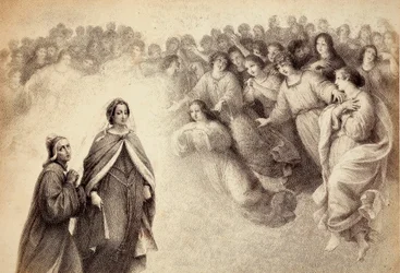 Zastęp cieni zbliża się do Dantego i Beatrycze. Ilustracja do pieśni V Raju z Boskiej komedii Dantego Alighieri. Dzieło Francesca Scaramuzzy dedykowane miastu Florencji.