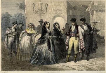 Scena galante na Majorce (Mallorca, Mallorca), młody mężczyzna ofiarowuje dziewczynie kwiat. w książce o Morzu Śródziemnym Louisa Enaulta (1824-1900), francuskiego dziennikarza i podróżnika.