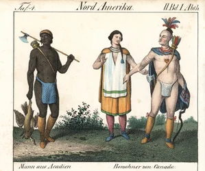 Akadyjski mężczyzna z tatuażami i para rdzennych kanadyjskich Indian. Litografia do książki: "Galerie complete en tableaux fideles des peuples d