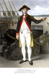 Amerykańska marynarka wojenna: John Paul Jones (1747-1791) żeglarz i bohater wojny o niepodległość Stanów Zjednoczonych Ameryki. Kolorowy grawerunek z podpisem.