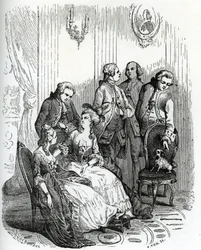 Wieczór w zamku Vaux-le-Vicomte za czasów króla Ludwika XV (1710-1774). XIX wiek (rycina z "Mysteres des vieux chateaux de France" autorstwa Le Francois)